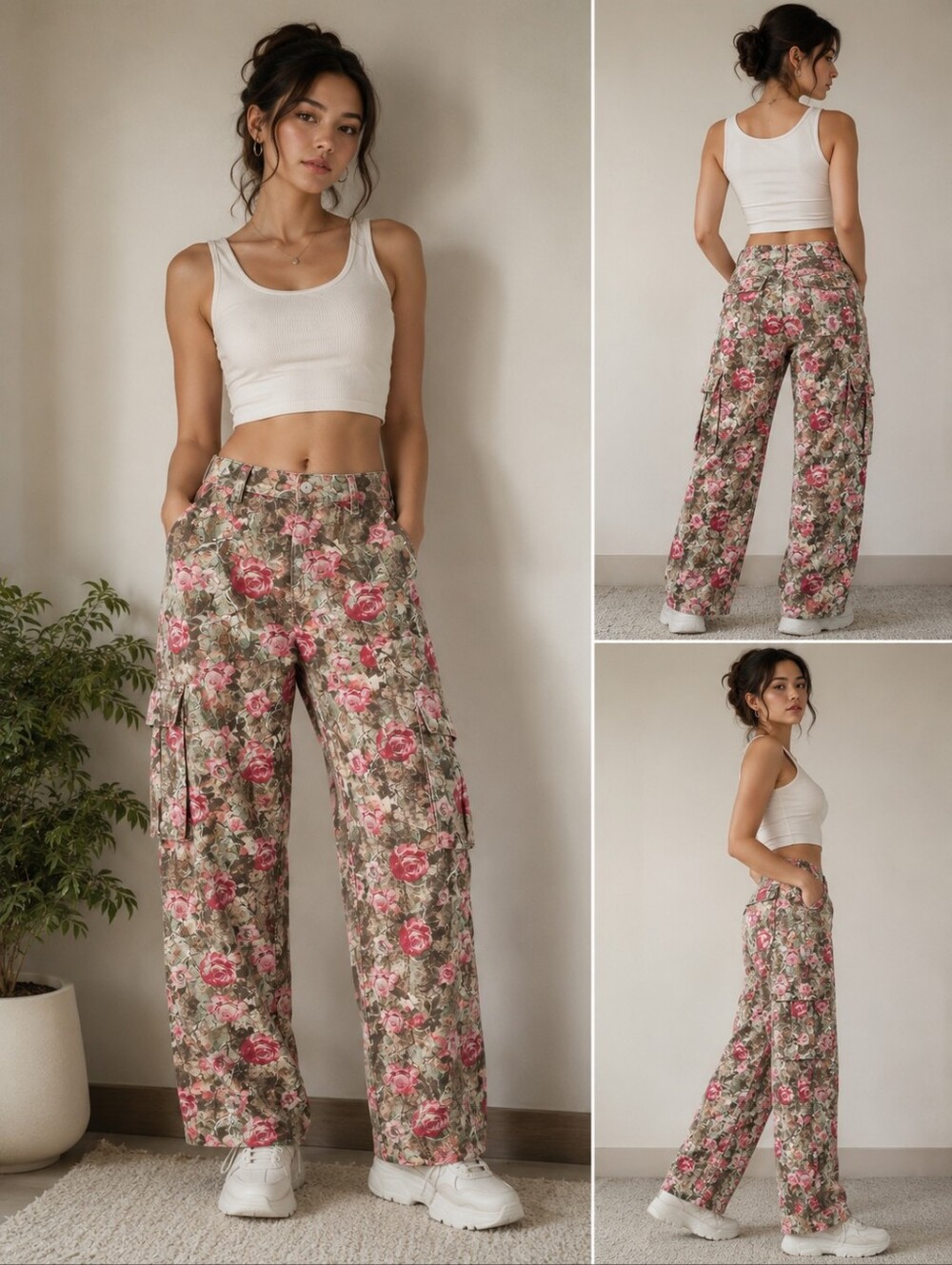 Riley & James Floral Camo Cargo Pants Pink Rose Wide Leg Utility Girlypop S